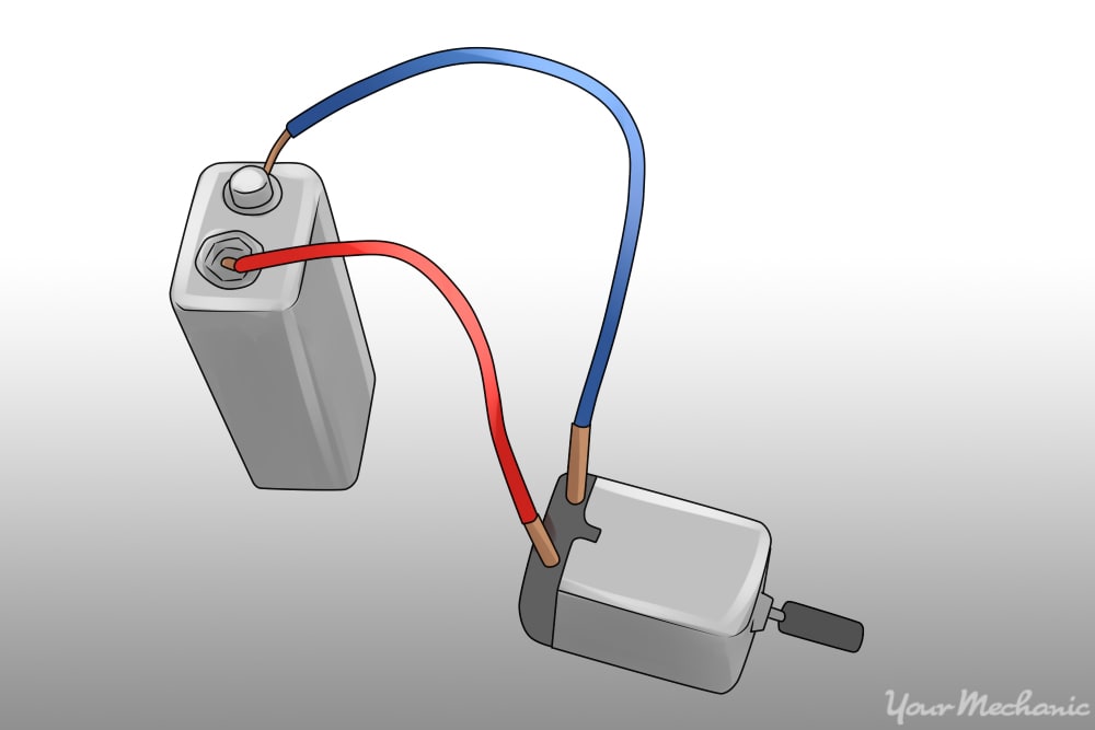 test leads connecting a nine volt battery to the motor