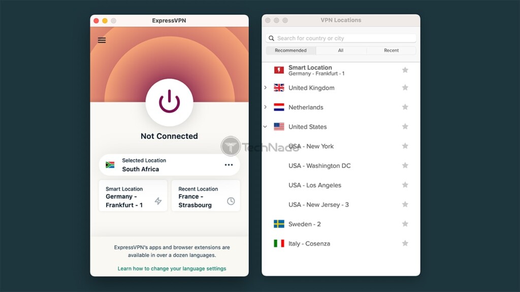 Home Screen of ExpressVPN With Listed Servers