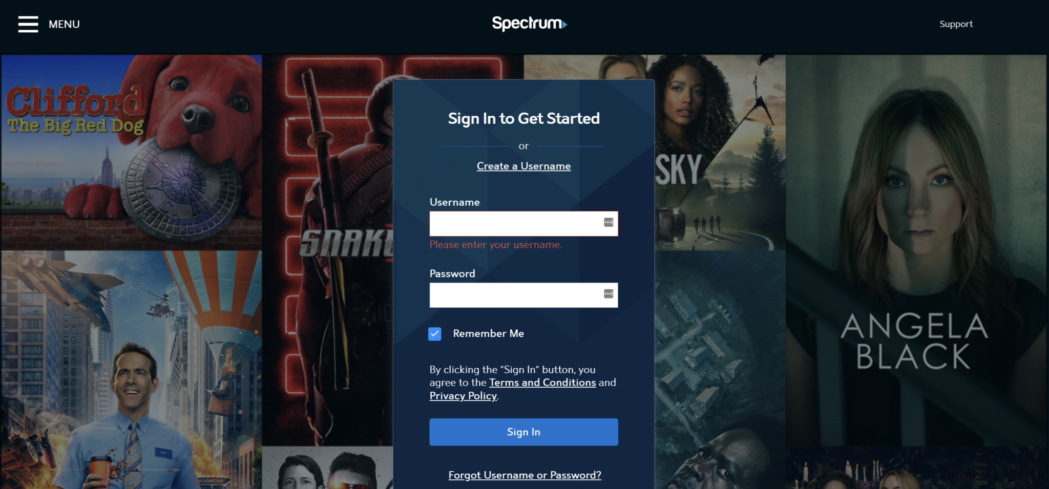 Spectrum TV app login screen on Roku
